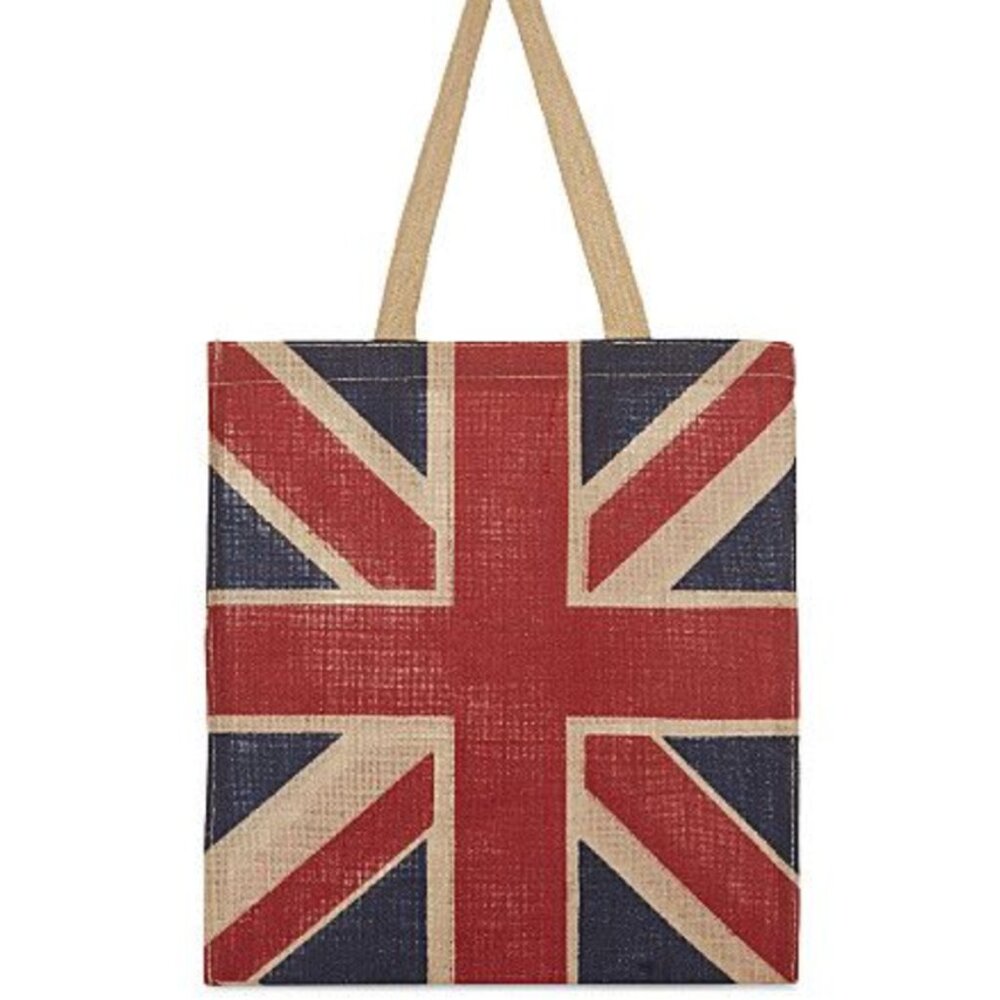 Elgate UK  🇬🇧 Union Jack Jute Burlap Shopping Tote Bag with Shoulder Strap